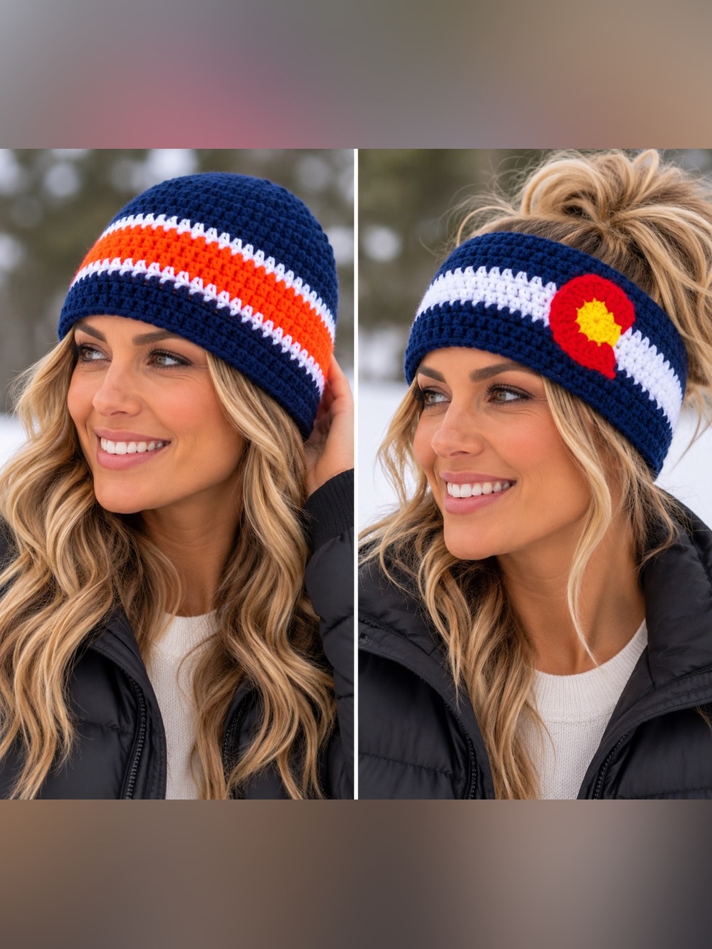 Colorado Headband and Denver Broncos colors Navy and Orange Crochet Hat